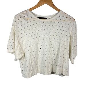Womens XS Cream 100% Linen Distressed Perforated CropTop Y2K